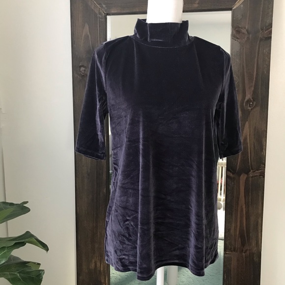 MOVING SALE ✨SMALL LOFT Crushed Velour Navy Blue Mockneck Tee - Picture 3 of 7